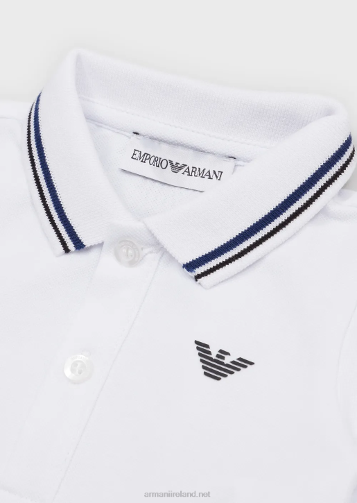 Boy 086V2679 Stretch Pique Polo Shirt With Striped Trim Armani White