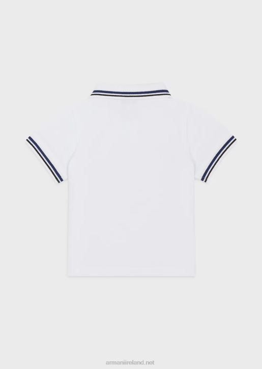 Boy 086V2679 Stretch Pique Polo Shirt With Striped Trim Armani White