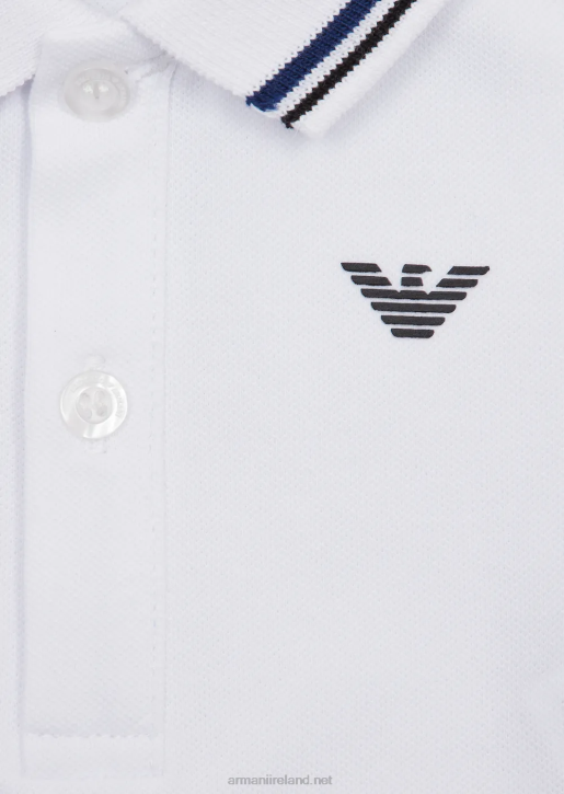 Boy 086V2679 Stretch Pique Polo Shirt With Striped Trim Armani White