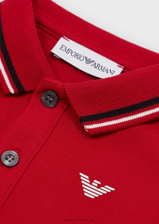 Boy 086V2680 Stretch Pique Polo Shirt With Striped Trim Armani Red