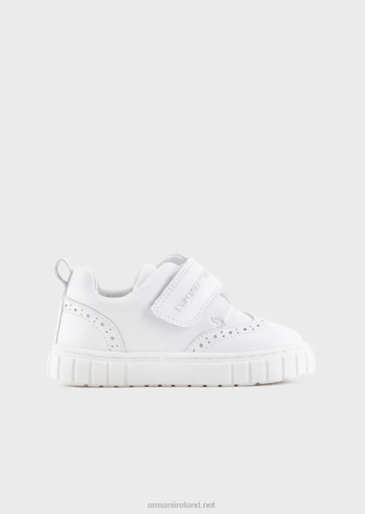 Boy 086V2683 Soft-Leather Sneakers With Wingtip Detail And Velcro Armani White