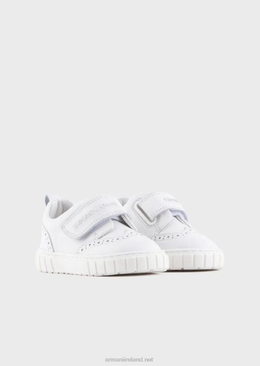 Boy 086V2683 Soft-Leather Sneakers With Wingtip Detail And Velcro Armani White