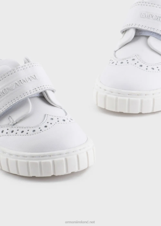 Boy 086V2683 Soft-Leather Sneakers With Wingtip Detail And Velcro Armani White