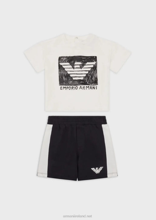 Boy 086V2697 Organic-Jersey T-Shirt And Board Shorts Set With Oversized Eagle Armani White