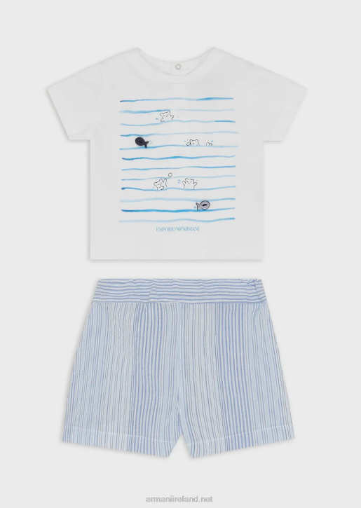 Boy 086V2698 Gift Set Of T-Shirt And Shorts In A Striped Seaside Print Armani Azure