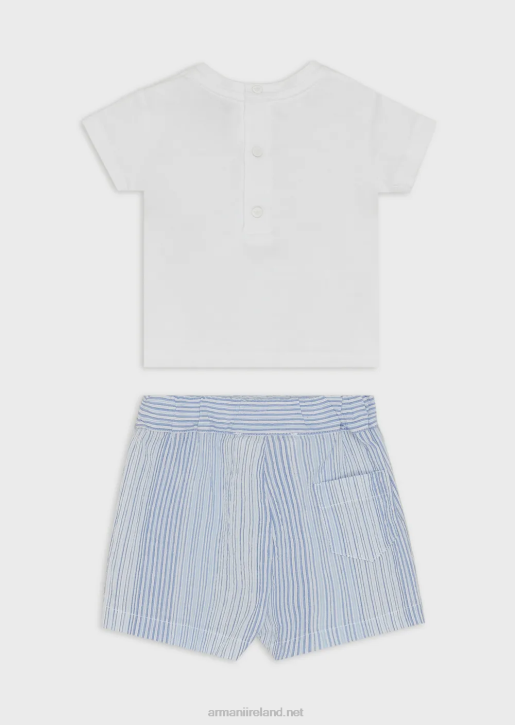 Boy 086V2698 Gift Set Of T-Shirt And Shorts In A Striped Seaside Print Armani Azure