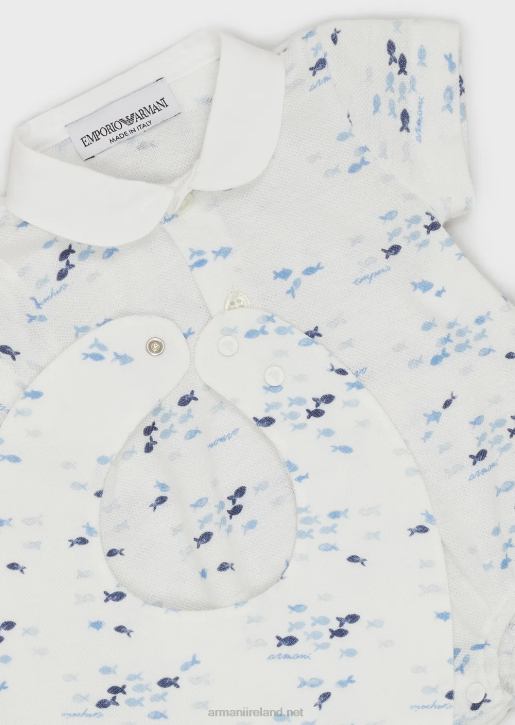 Boy 086V2700 Gift Set Of Romper And Bib In Small Fish Print Armani Pattern
