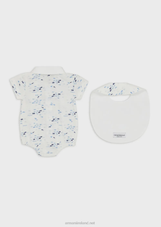 Boy 086V2700 Gift Set Of Romper And Bib In Small Fish Print Armani Pattern