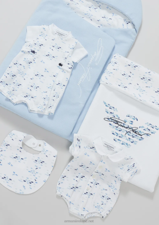 Boy 086V2700 Gift Set Of Romper And Bib In Small Fish Print Armani Pattern