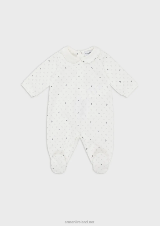 Boy 086V2716 Onesie With Peter Pan Collar And All-Over Op-Art Eagle Armani White