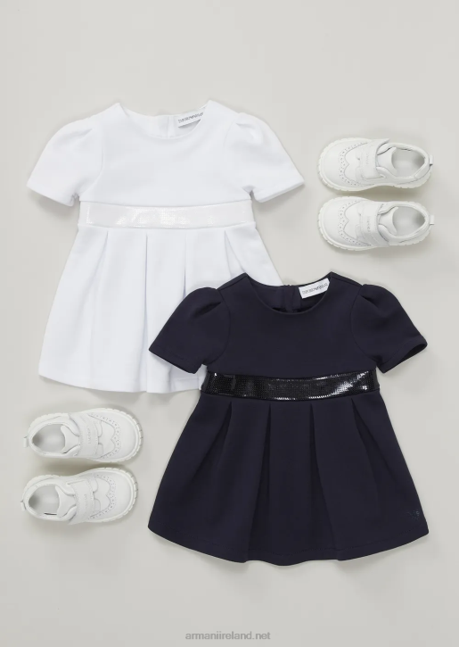Girl 086V2664 Cotton-Blend Jersey-Fleece Dress With Rhinestone Waist Armani White