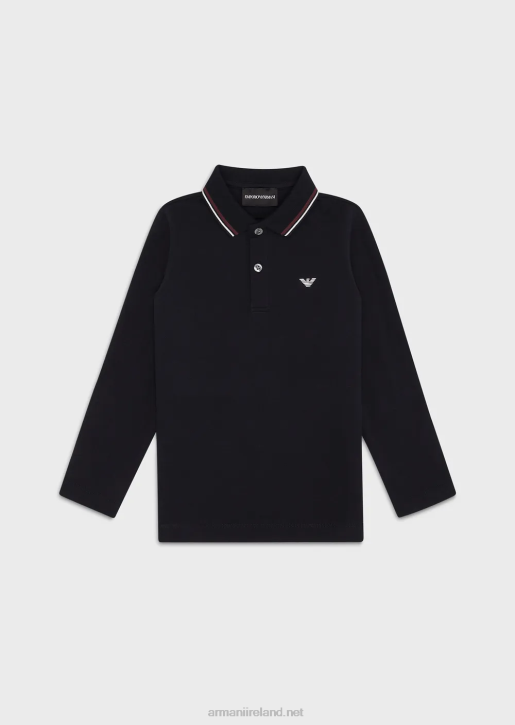 Boy 086V2403 Stretch-Pique Long-Sleeved Polo Shirt With Striped Trim Armani Navy Blue