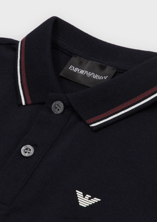 Boy 086V2403 Stretch-Pique Long-Sleeved Polo Shirt With Striped Trim Armani Navy Blue