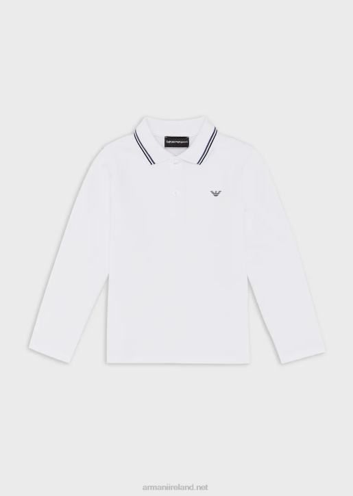 Boy 086V2404 Stretch-Pique Long-Sleeved Polo Shirt With Striped Trim Armani White