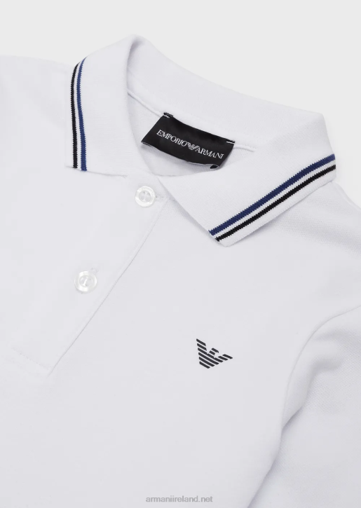 Boy 086V2404 Stretch-Pique Long-Sleeved Polo Shirt With Striped Trim Armani White