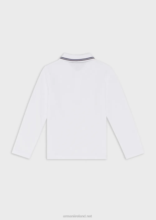 Boy 086V2404 Stretch-Pique Long-Sleeved Polo Shirt With Striped Trim Armani White