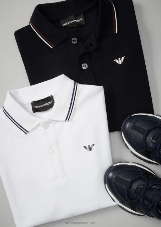 Boy 086V2404 Stretch-Pique Long-Sleeved Polo Shirt With Striped Trim Armani White