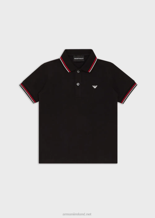 Boy 086V2405 Stretch Pique Polo Shirt With Striped Trim Armani Black