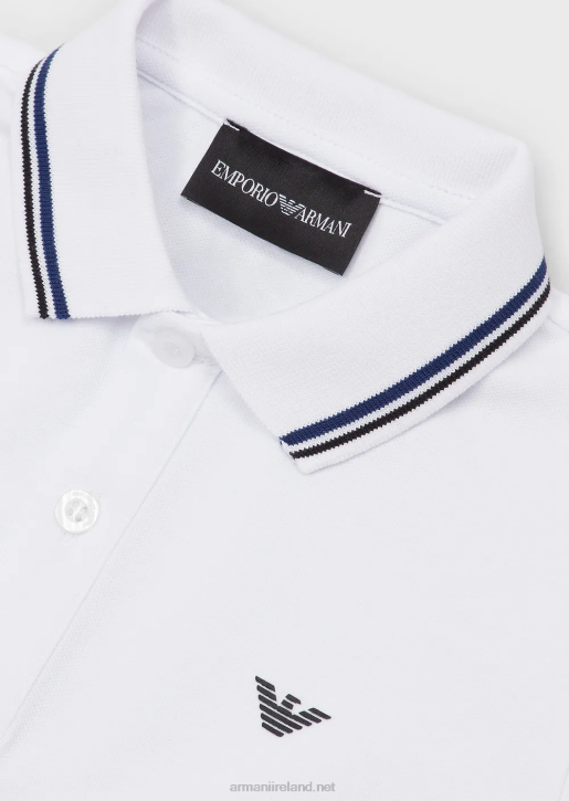 Boy 086V2406 Stretch Pique Polo Shirt With Striped Trim Armani White