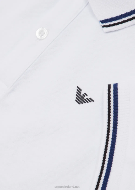 Boy 086V2406 Stretch Pique Polo Shirt With Striped Trim Armani White