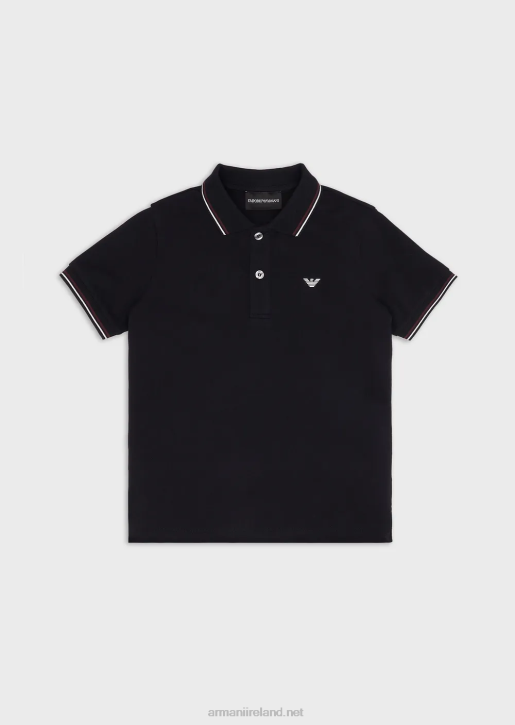 Boy 086V2407 Stretch Pique Polo Shirt With Striped Trim Armani Navy Blue