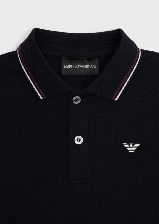 Boy 086V2407 Stretch Pique Polo Shirt With Striped Trim Armani Navy Blue