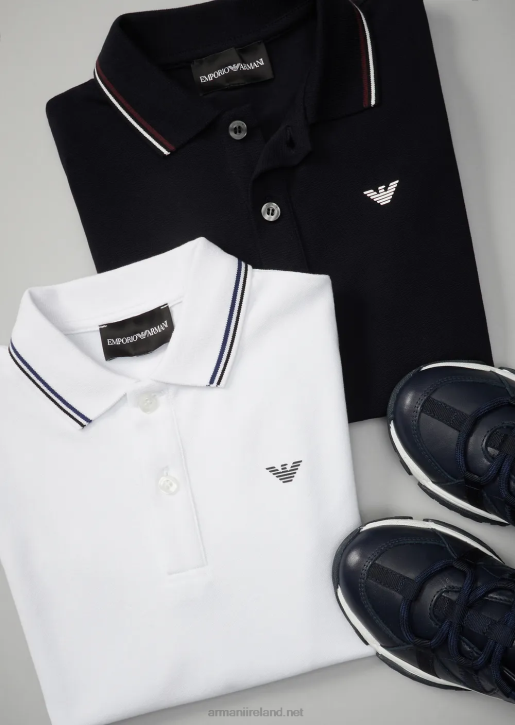 Boy 086V2407 Stretch Pique Polo Shirt With Striped Trim Armani Navy Blue