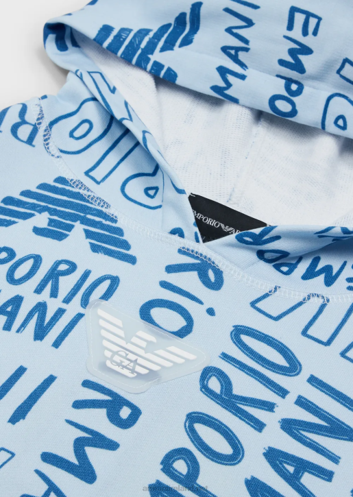 Boy 086V2439 Hooded Sweatshirt With All-Over Ea Crew Lettering Armani Azure