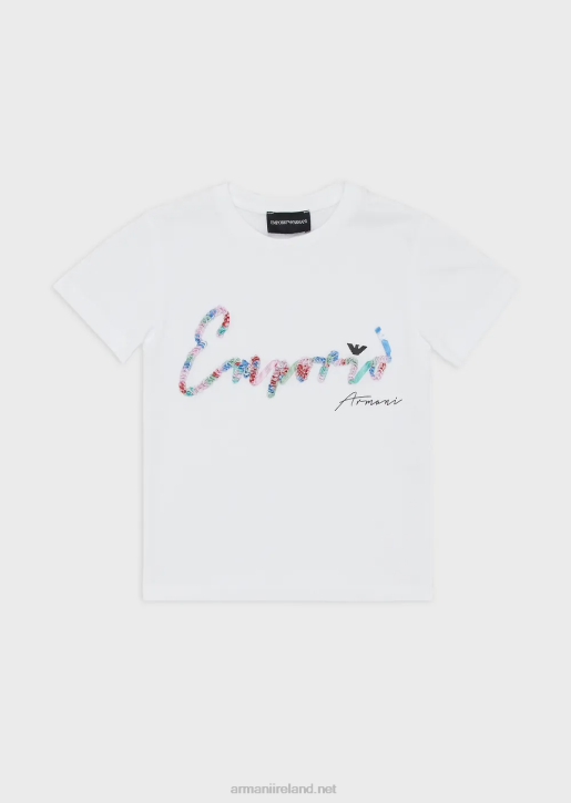 Girl 086V2563 Organic Jersey T-Shirt With Sequinned Signature Logo Armani White
