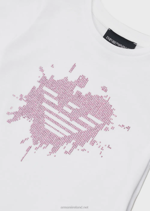 Girl 086V2564 Jersey T-Shirt With Contrasting Rhinestone Eagle Armani White