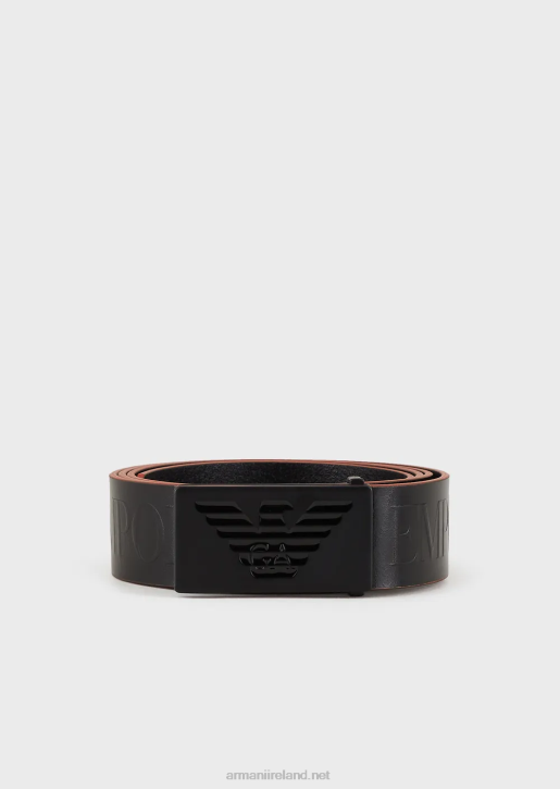 Men 086V1996 Leather Belt With Embossed Oversized Lettering Armani Deep Black