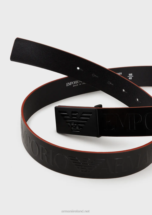 Men 086V1996 Leather Belt With Embossed Oversized Lettering Armani Deep Black