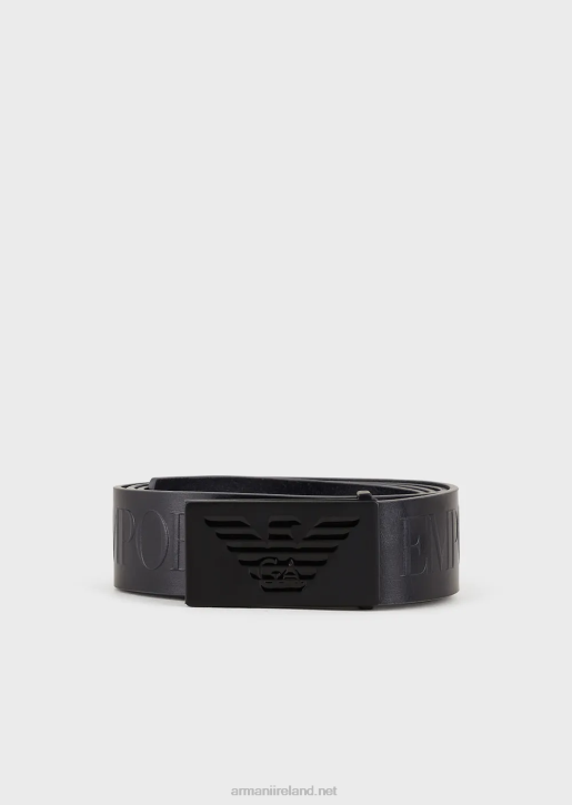 Men 086V1997 Leather Belt With Embossed Oversized Lettering Armani Navy Blue