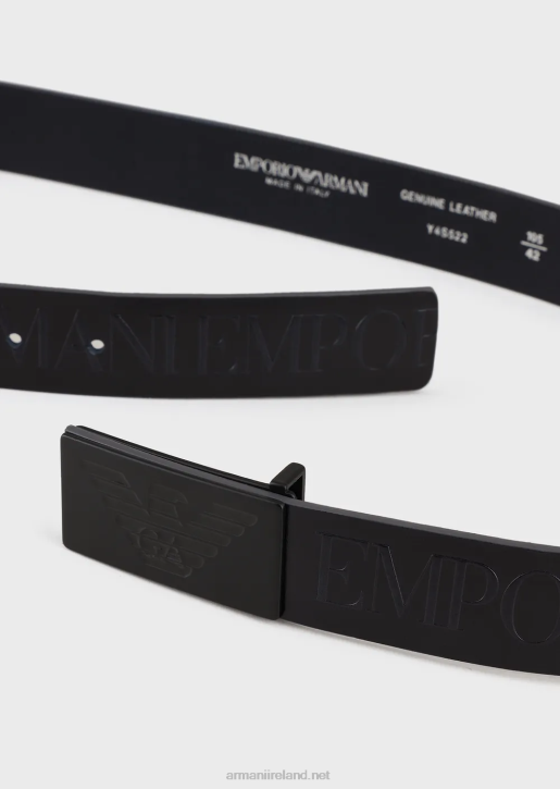 Men 086V1997 Leather Belt With Embossed Oversized Lettering Armani Navy Blue