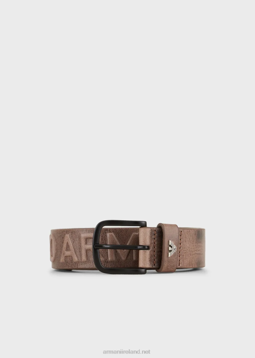 Men 086V2004 Vintage-Effect Leather Belt With Embossed Oversized Lettering Armani Gray