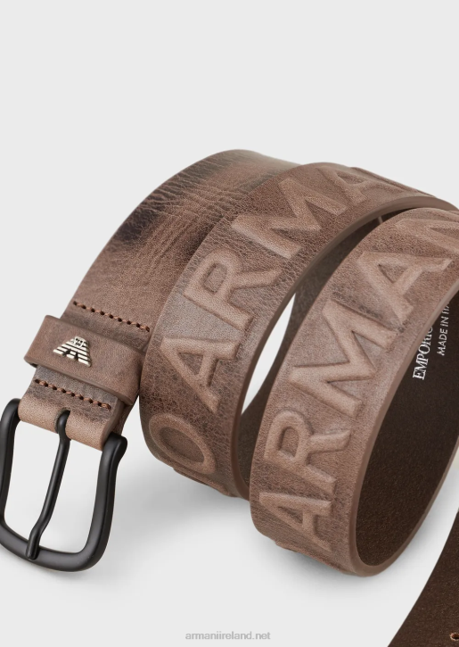 Men 086V2004 Vintage-Effect Leather Belt With Embossed Oversized Lettering Armani Gray