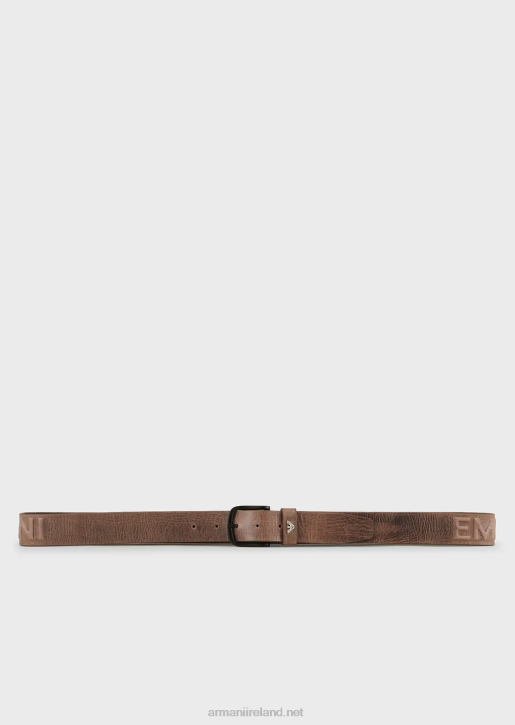Men 086V2004 Vintage-Effect Leather Belt With Embossed Oversized Lettering Armani Gray