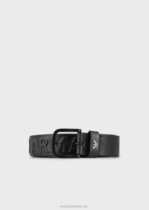 Men 086V2005 Vintage-Effect Leather Belt With Embossed Oversized Lettering Armani Black