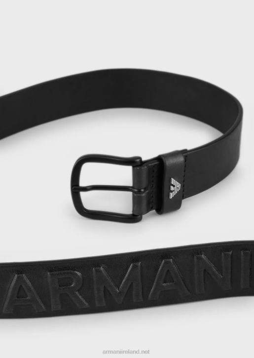 Men 086V2005 Vintage-Effect Leather Belt With Embossed Oversized Lettering Armani Black