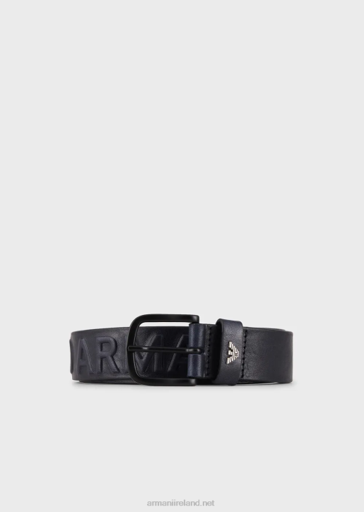Men 086V2006 Vintage-Effect Leather Belt With Embossed Oversized Lettering Armani Navy Blue
