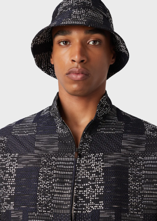 Men 086V2032 Patchwork-Effect Vanise Jacquard Cloche Hat Armani Navy Blue