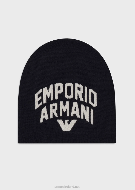 Men 086V2037 Wool-Blend Beanie With Jacquard Lettering Armani Navy Blue