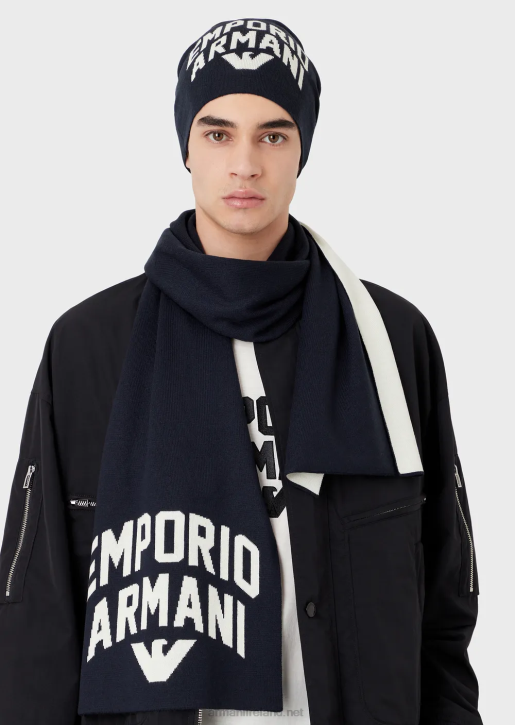 Men 086V2037 Wool-Blend Beanie With Jacquard Lettering Armani Navy Blue