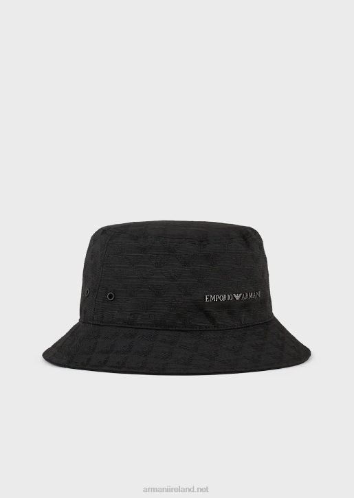 Men 086V2041 All-Over Eagle Jacquard Cloche Hat With Strap Armani Black
