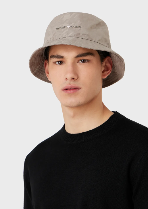 Men 086V2053 Oversized Houndstooth Jacquard Nylon Cloche Hat Armani Gray