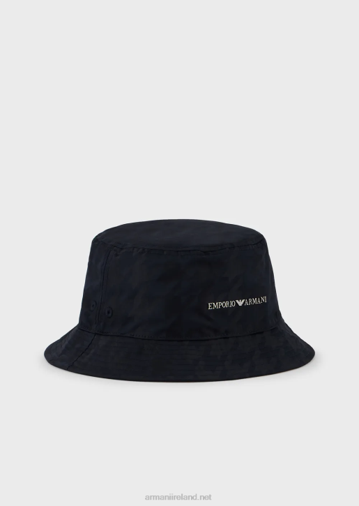 Men 086V2054 Oversized Houndstooth Jacquard Nylon Cloche Hat Armani Navy Blue