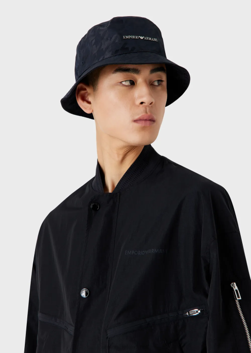 Men 086V2054 Oversized Houndstooth Jacquard Nylon Cloche Hat Armani Navy Blue