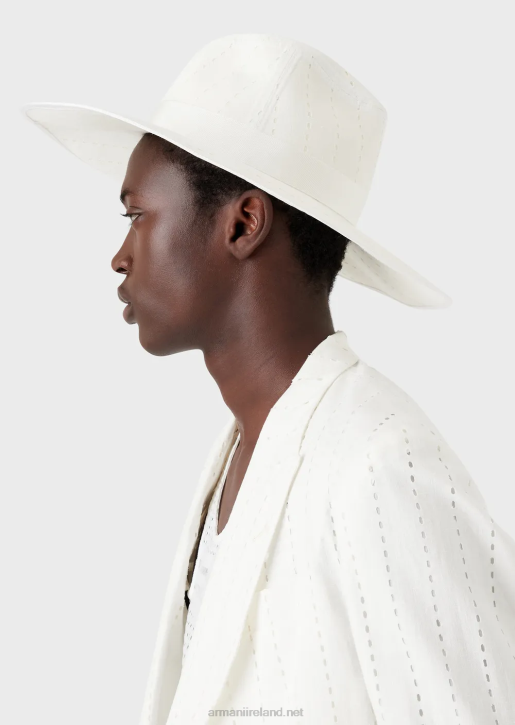 Men 086V2057 Linen-Covered Fedora Hat Armani White