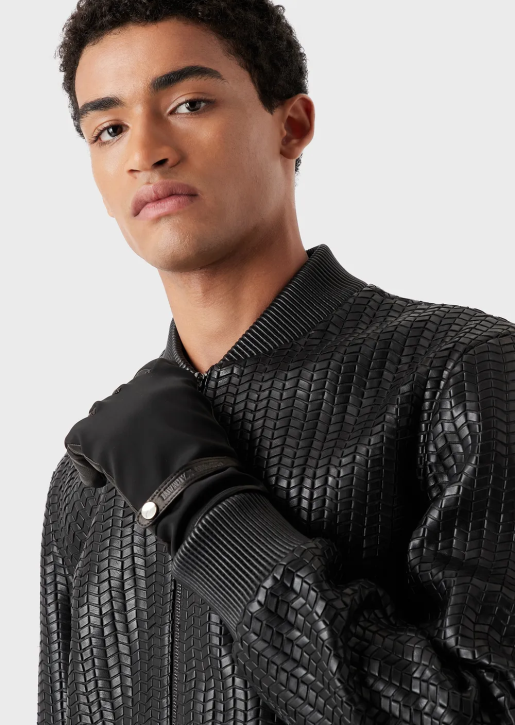 Men 086V2069 Nylon And Lambskin Nappa Leather Gloves Armani Black