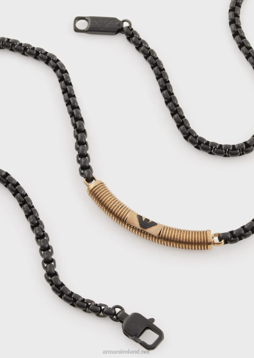 Men 086V2075 Antique Gold-Tone Stainless Steel Id Necklace Armani Black